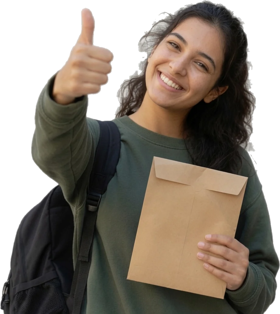 Smiling student holding her visa application file